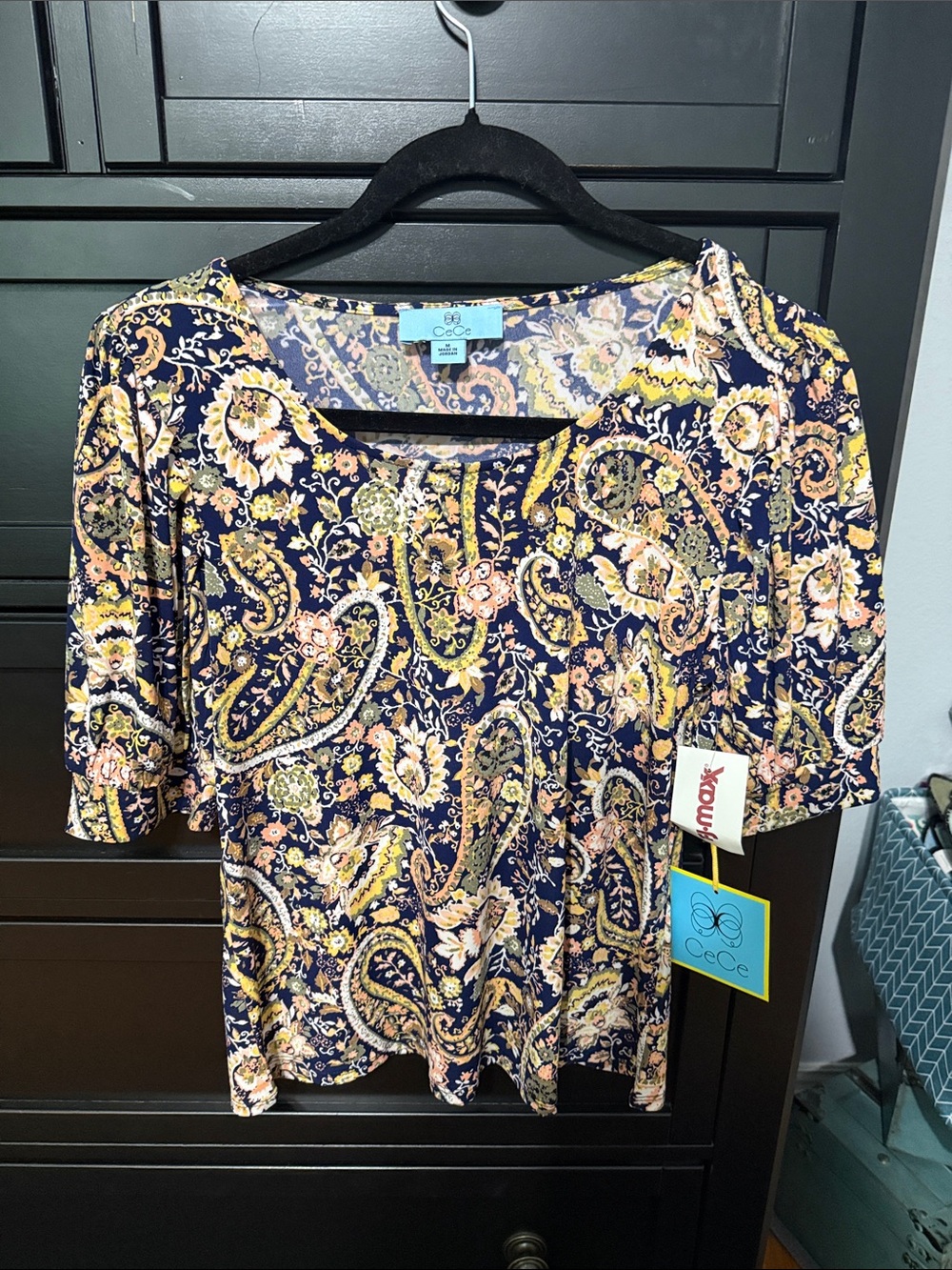 CeCe Navy Paisley Scoop Neck Top with Yellow & Pink Accents